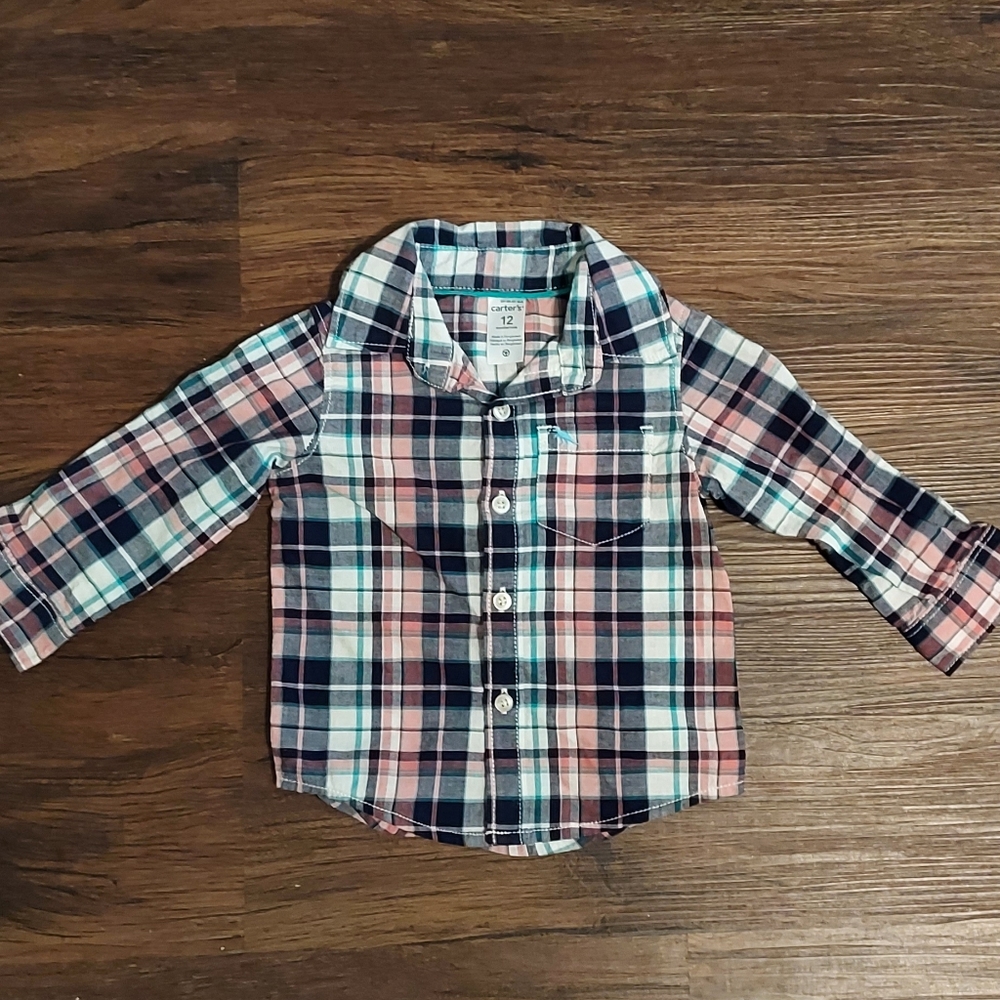 Carter's Baby Boys Blue Plaid Dinosaur Button Up Dress Shirt 12 Months